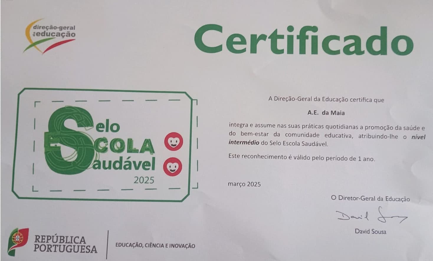 Atribuído ao AEMaia o Selo Escola Saudável
